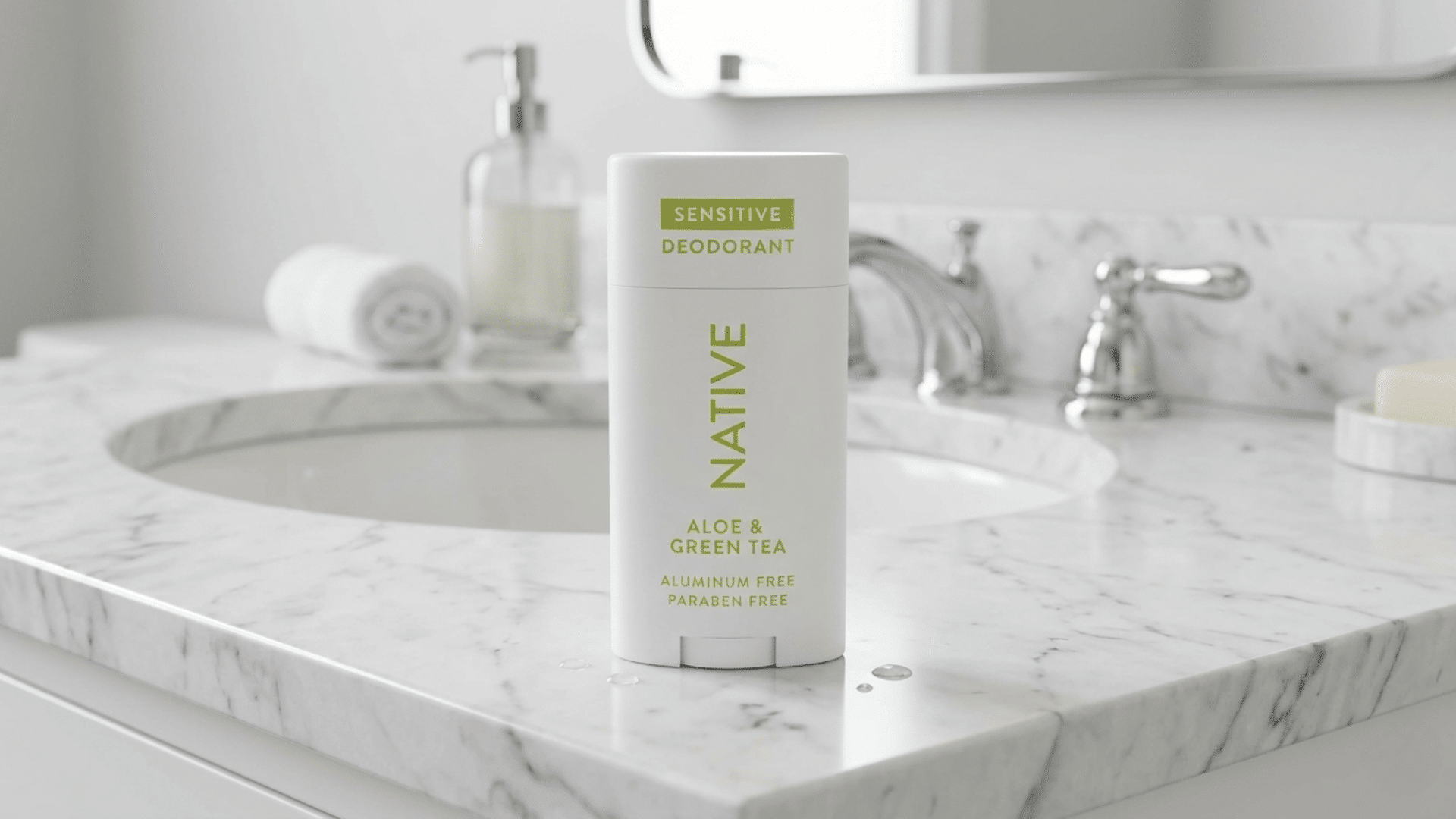 Native sensitive deodorant with aloe and green tea in a white stick container on a marble bathroom countertop beside a sink.