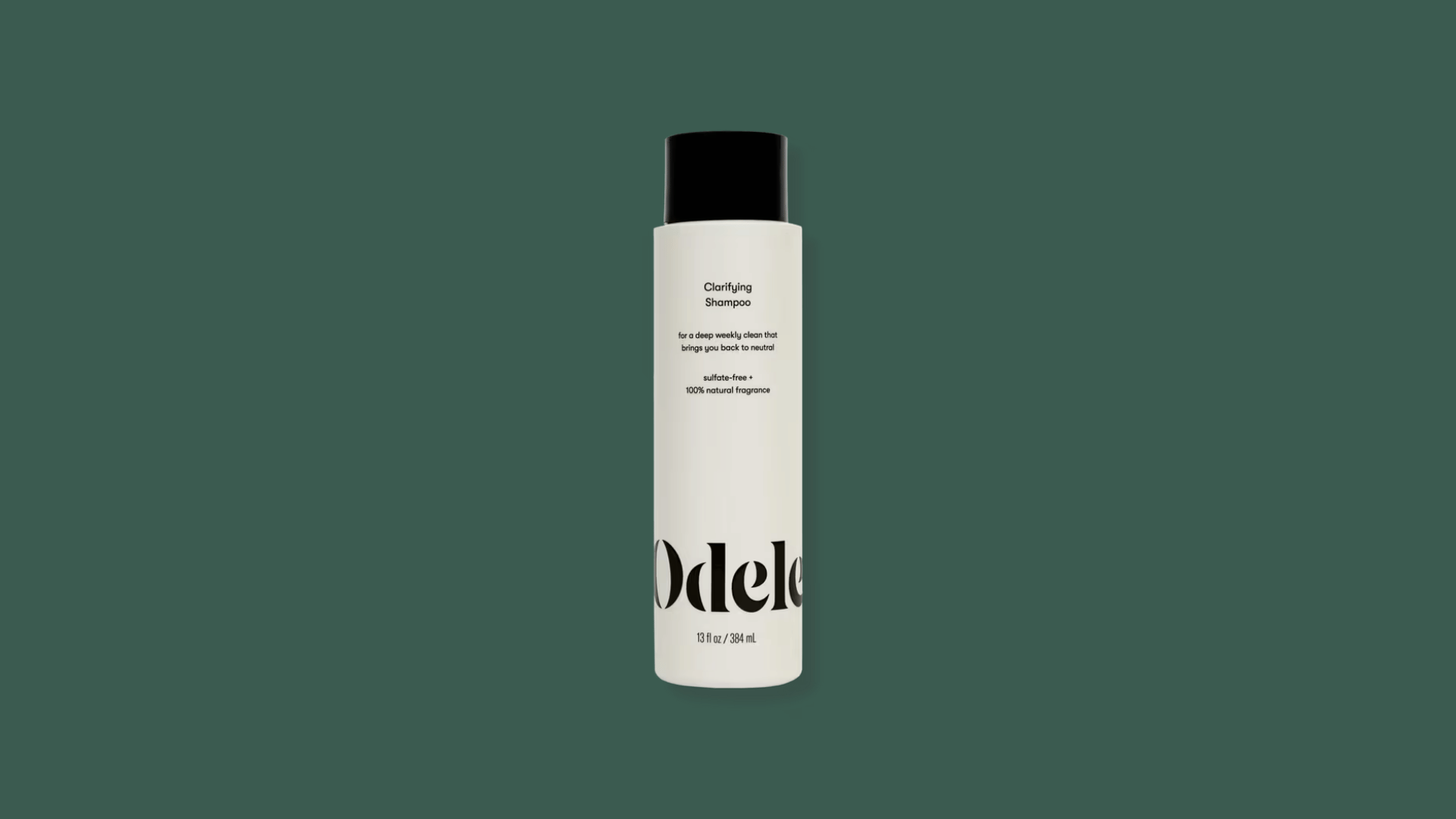 odele clarifying shampoo bottle with white packaging on a dark green background for hair care product display