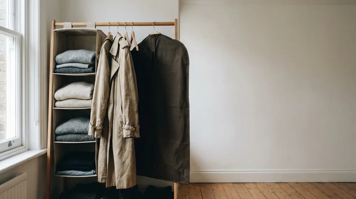 Coats and sweaters neatly organized on wooden clothing rack in minimalist room