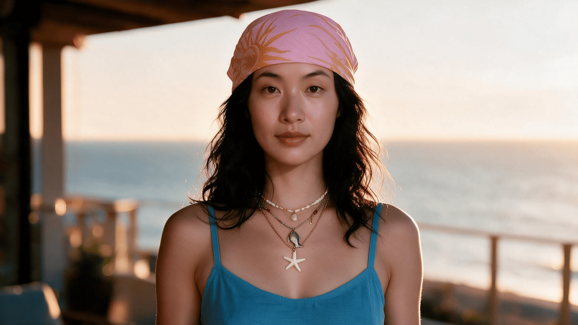 oman wearing a pink full head wrap bandana with loose hair and a blue top near the ocean.