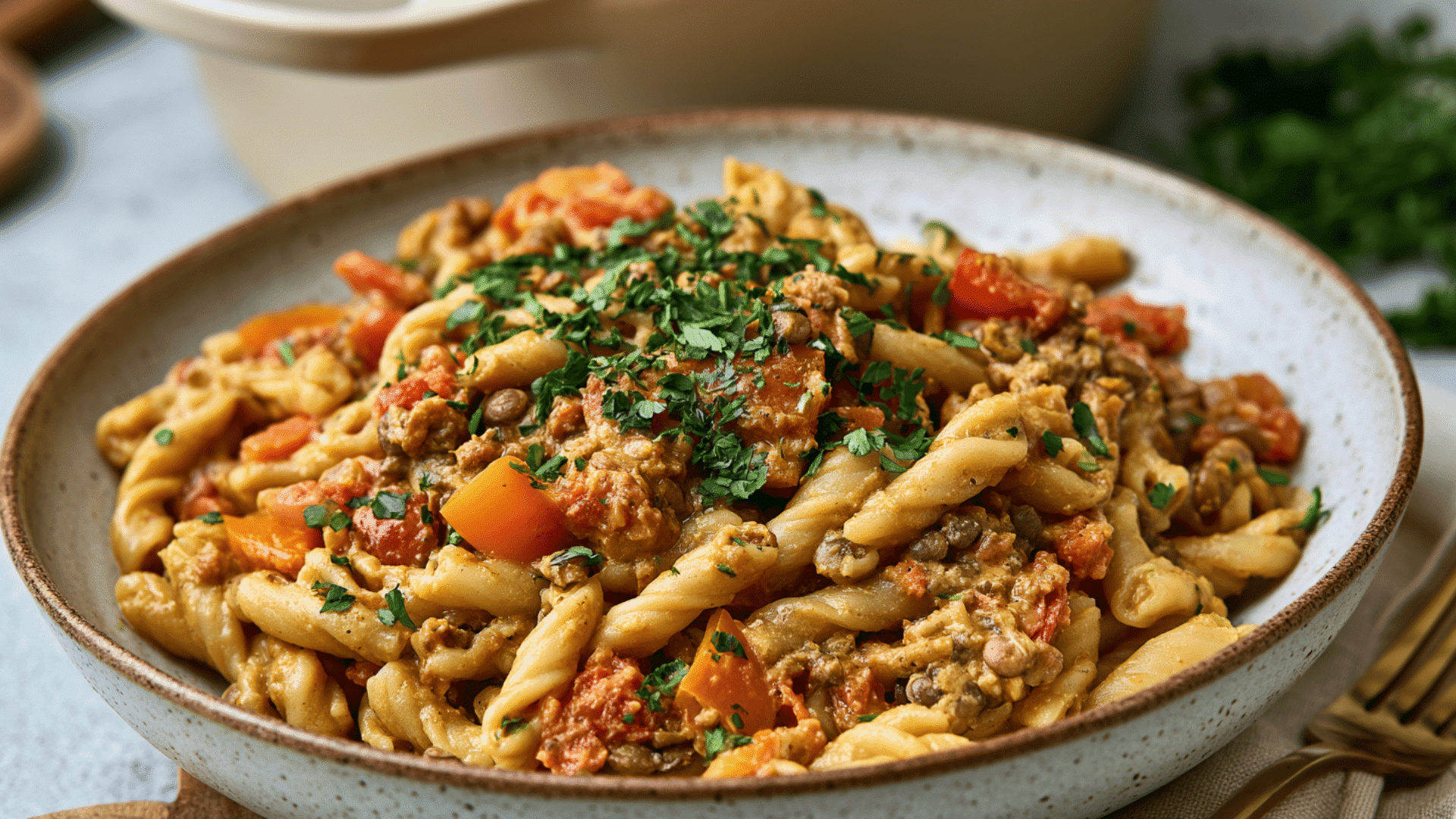 one pot vegan hamburger helper with pasta vegetables lentils plant based ground and creamy sauce