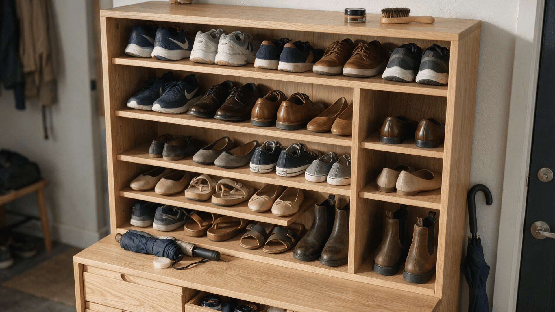 organized shoe storage area inside master closet