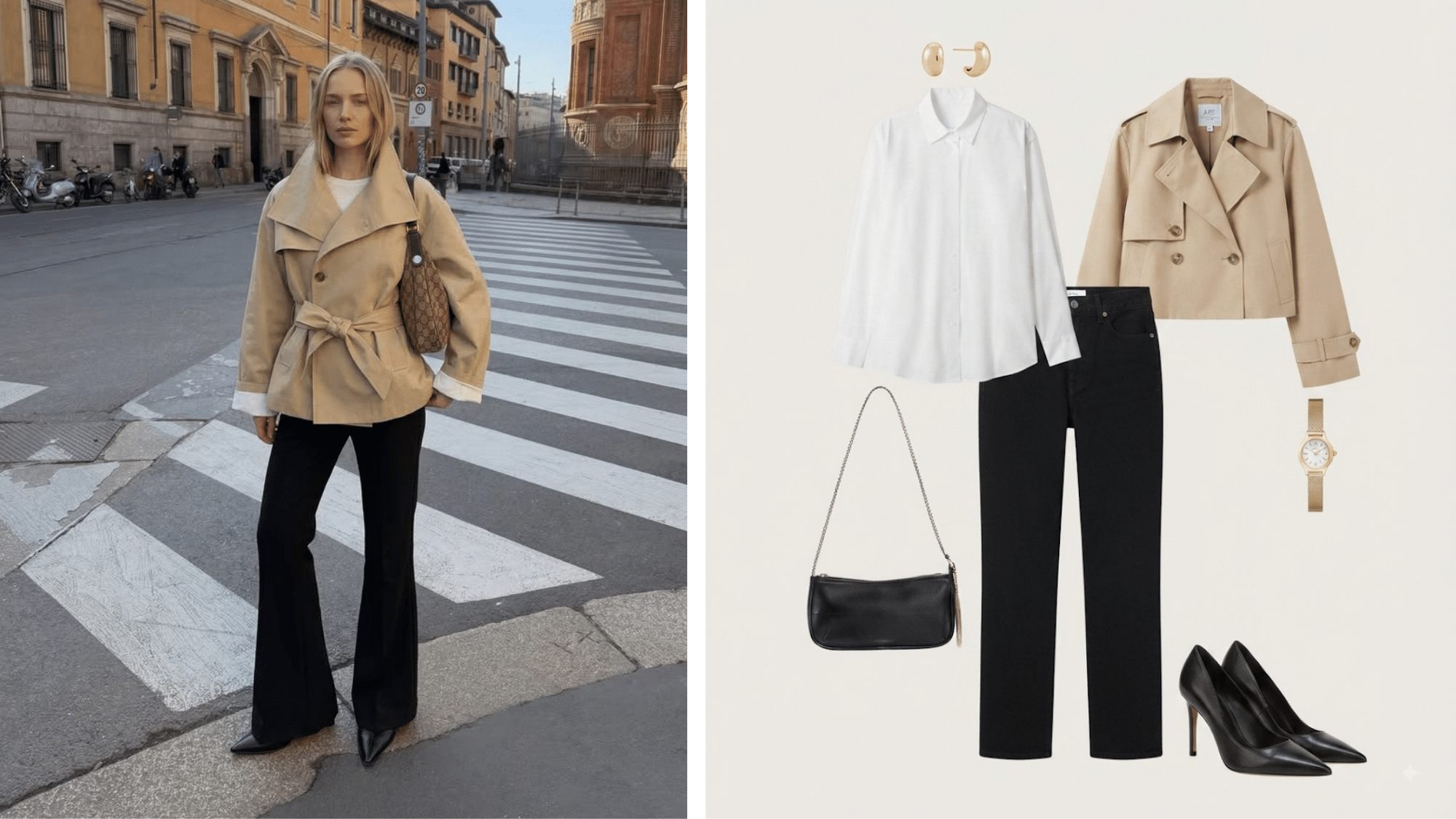 outfit featuring a structured trench coat with black trousers and pointed heels