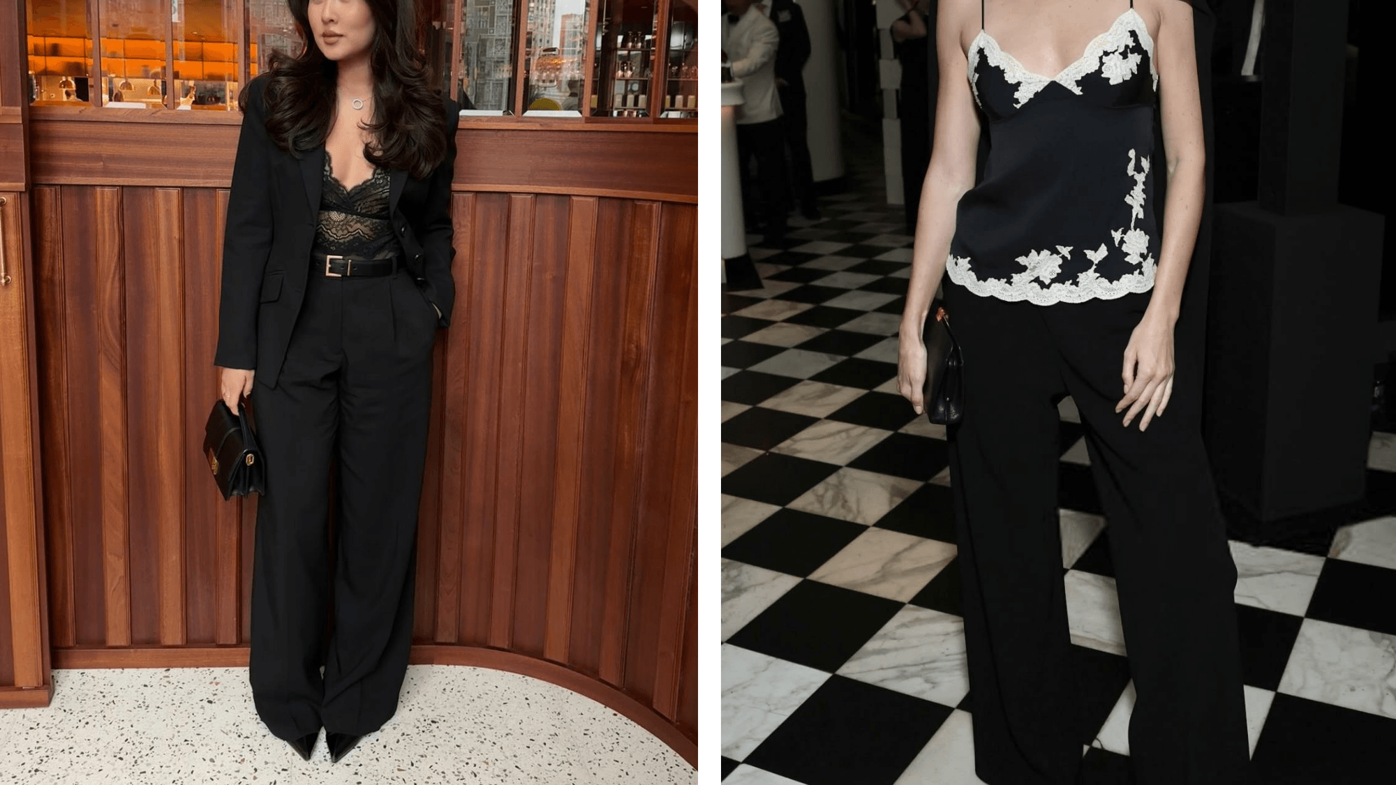 outfits featuring tailored black looks with elegant lace details and sleek silhouettes