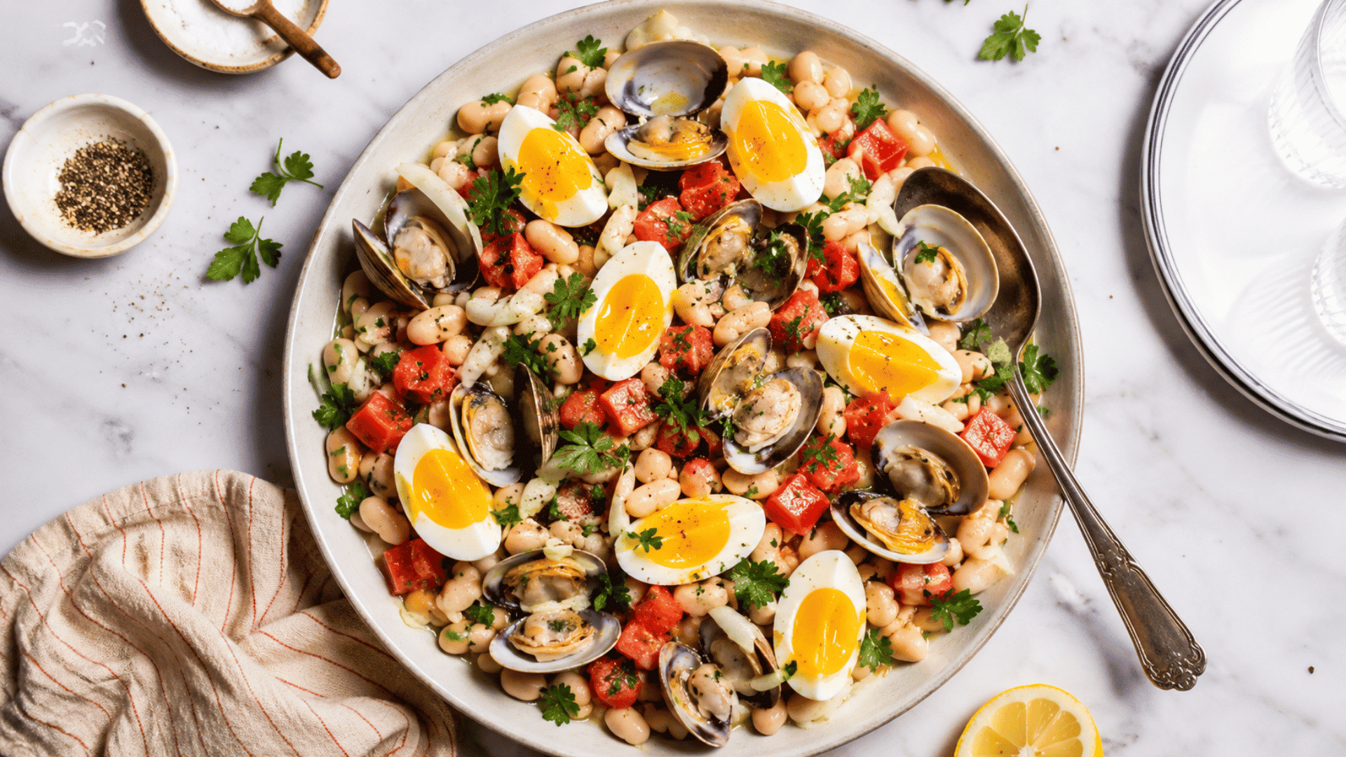 overhead white bean salad with clams soft boiled eggs tomatoes herbs and a serving spoon on a marble tabletop setting
