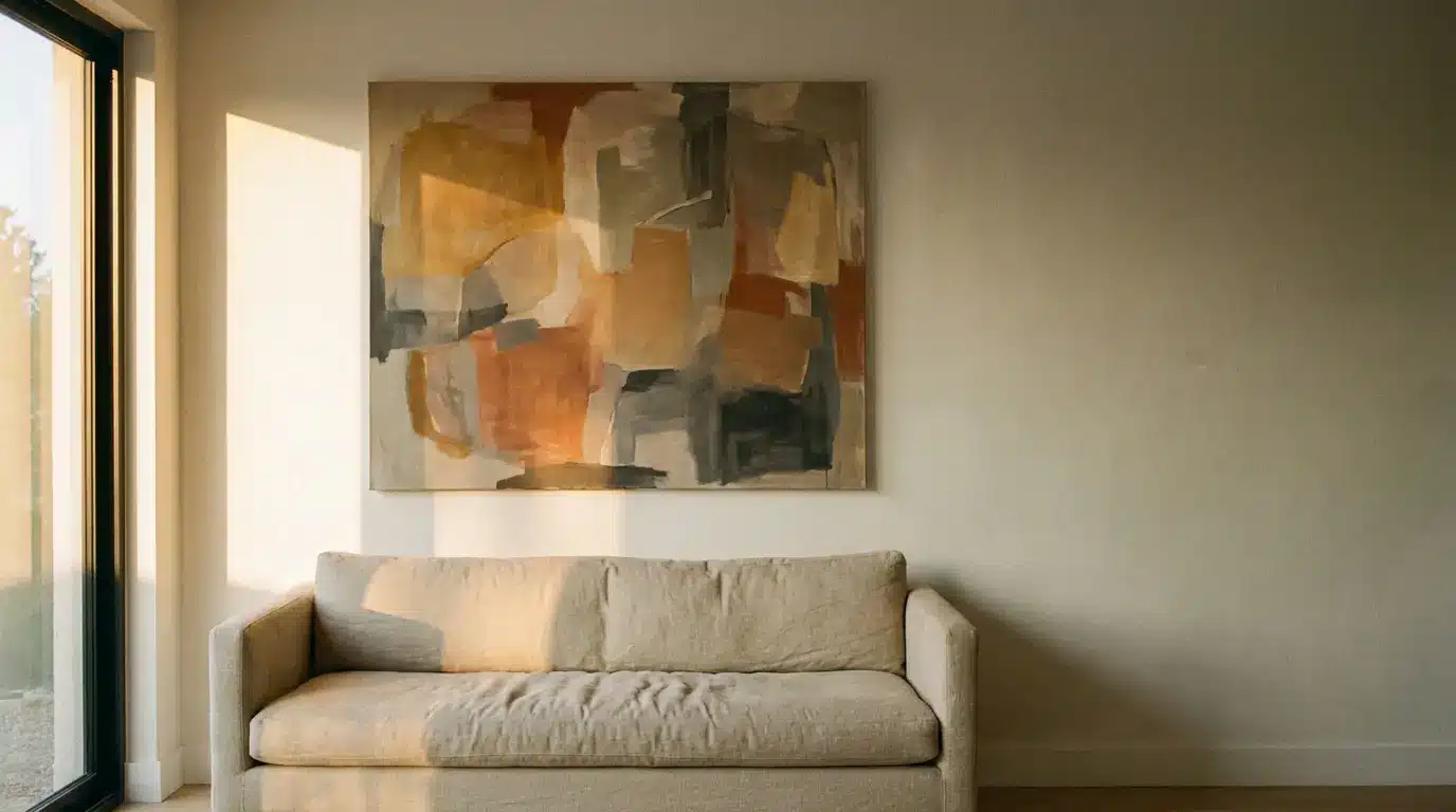 Neutral-toned sofa beneath abstract painting in sunlit minimalist room