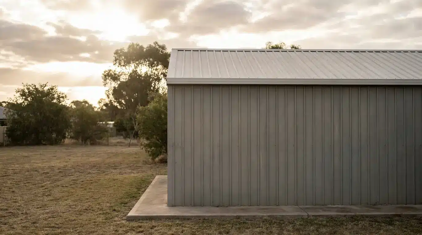 Side view of a metal shed in a grassy yard under a cloudy sky at sunset