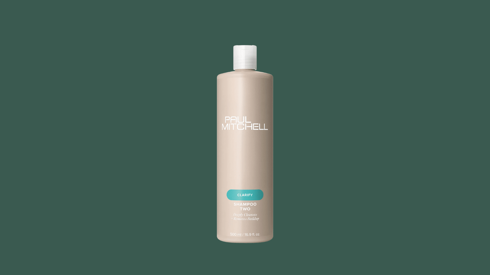 paul mitchell shampoo two bottle with beige packaging on a dark green background for hair care product display