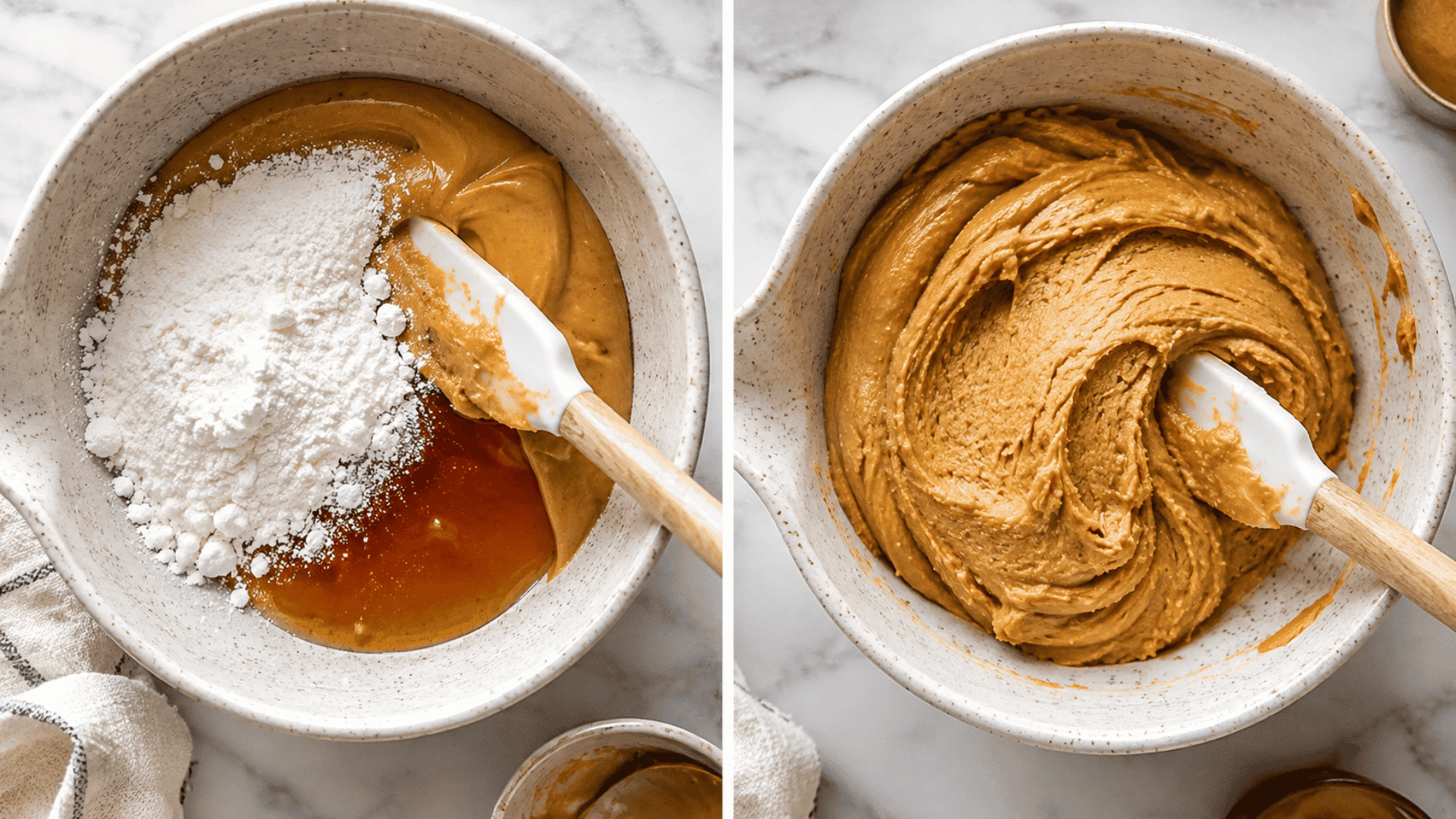 peanut butter ball filling before and after mixing in a ceramic bowl on a marble surface
