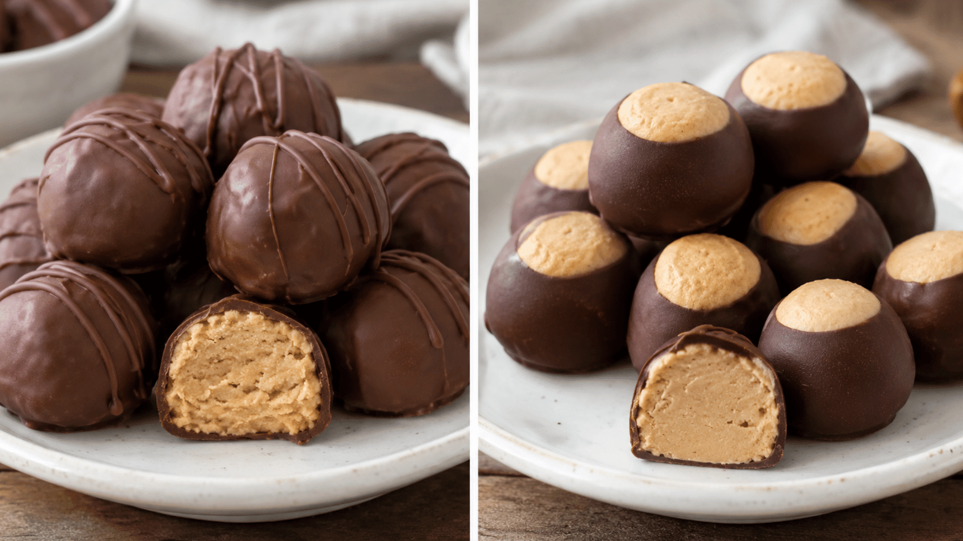 peanut butter balls and peanut butter buckeyes compared side by side with cutaway views showing their centers