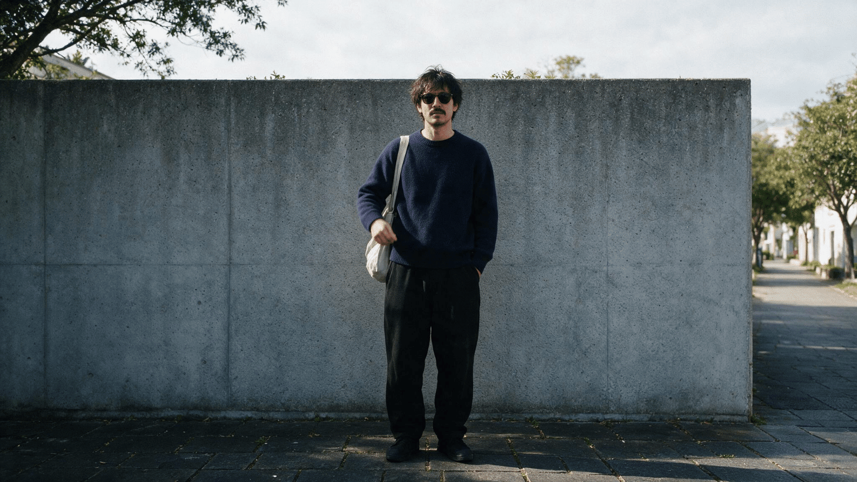 Person wearing a dark sweater and pants standing outdoors against a concrete wall.