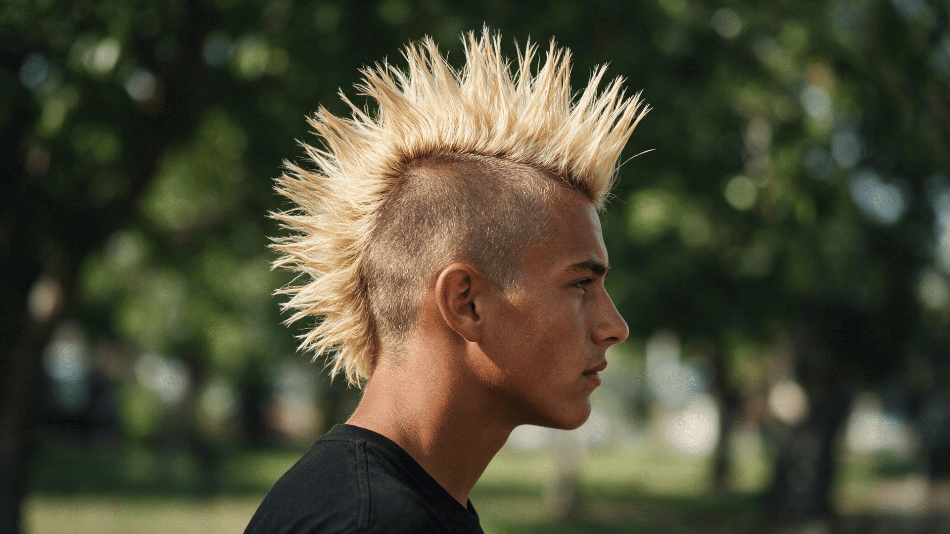 person wearing a fan mohawk with tall bleached hair forming a continuous upright ridge and closely shaved hair on both sides