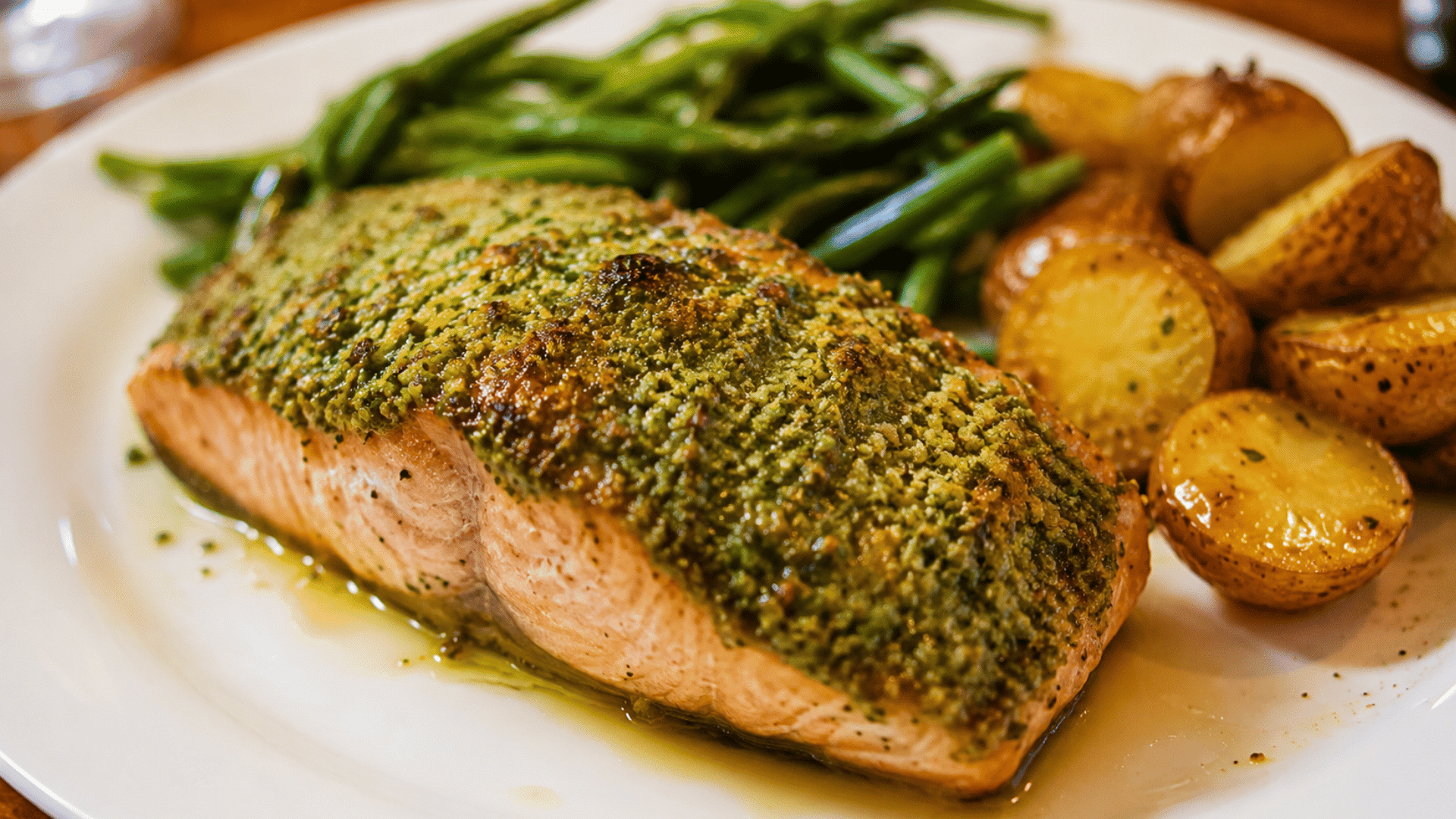pesto crusted salmon served with roasted potatoes and tender green beans for a fresh flavorful meal