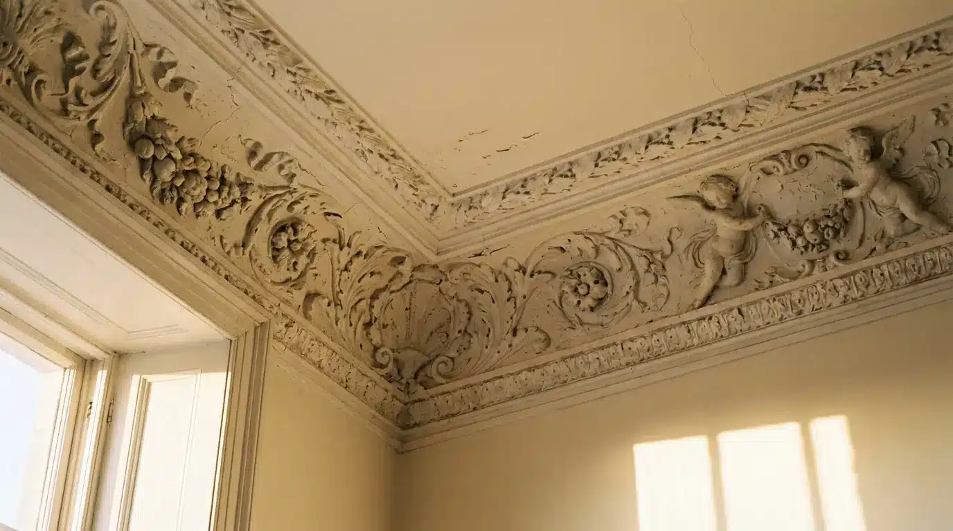 Ornate ceiling molding with cherubs and floral designs in softly lit room