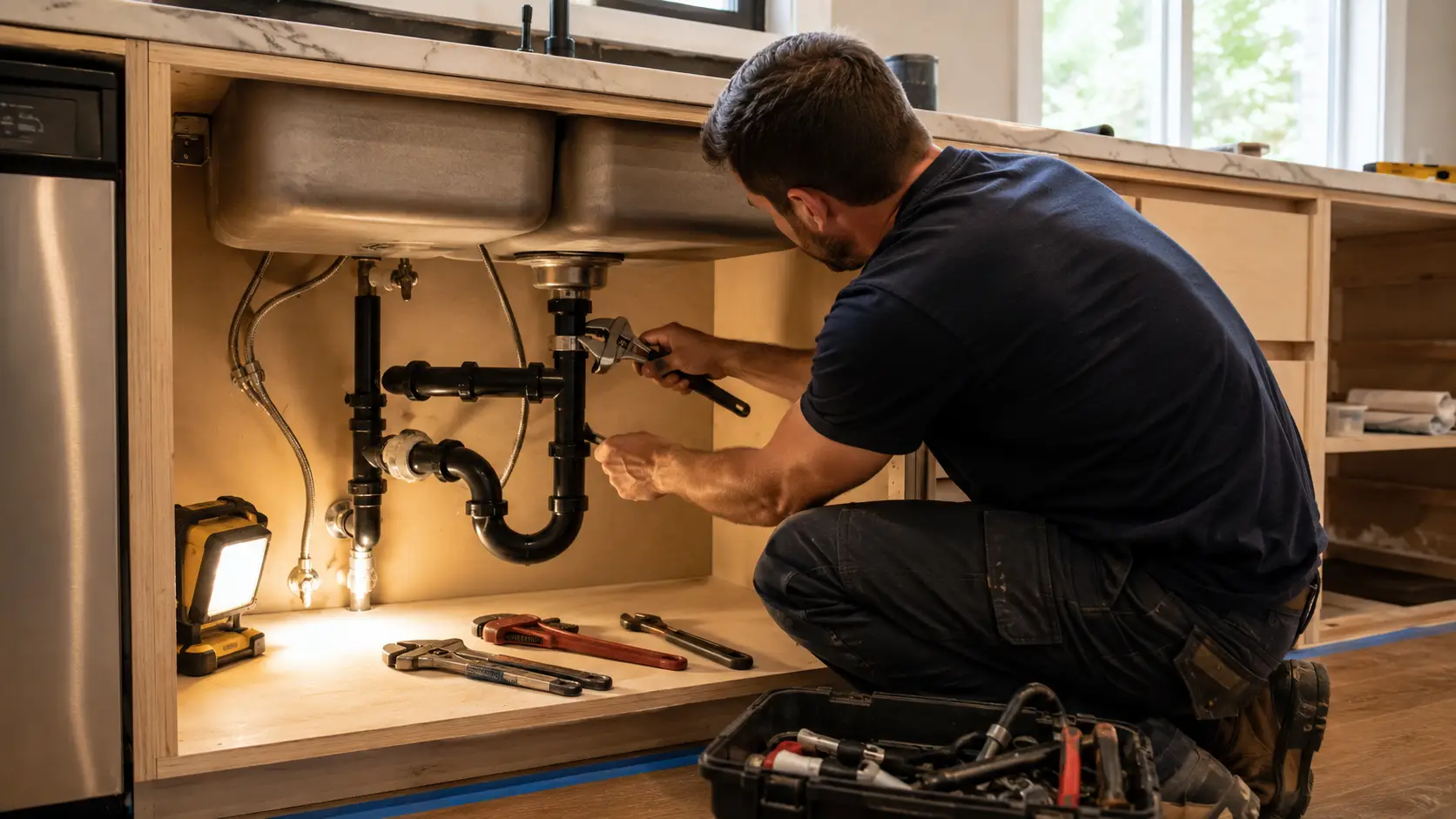 Plumber repairing kitchen sink pipes under countertop in modern kitchen with toolbox and flashlight nearby
