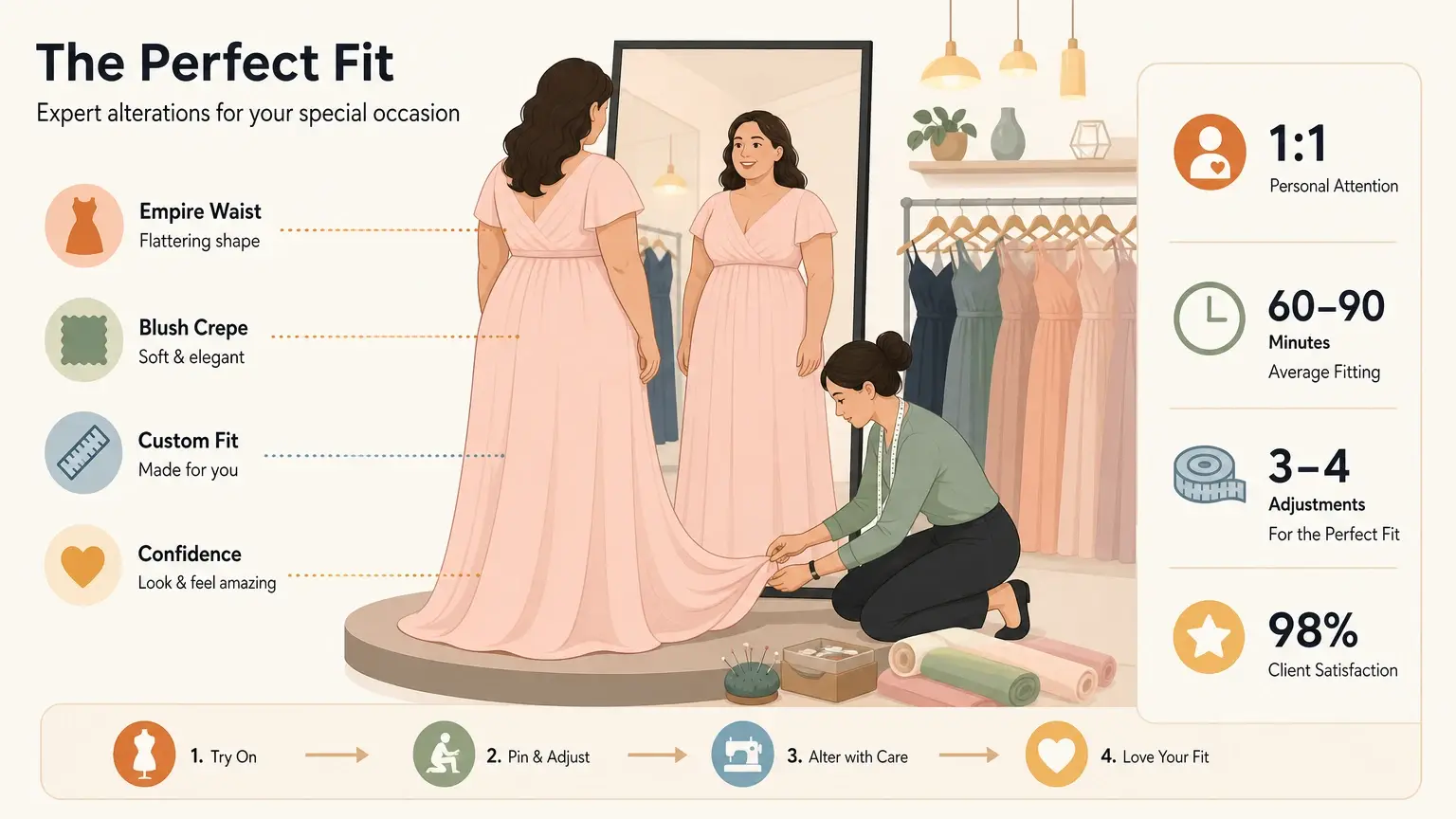 Woman in blush gown being altered by seamstress in boutique with mirror and dresses in background