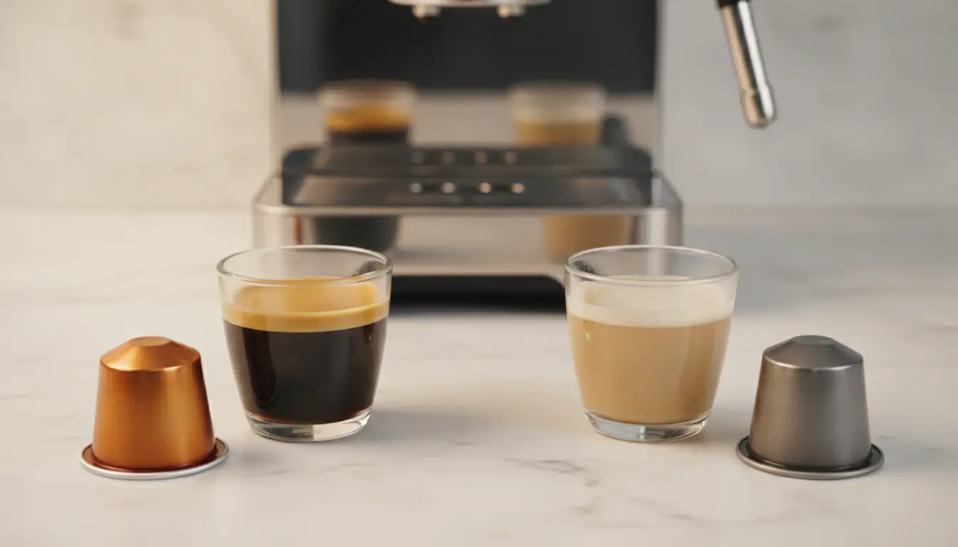 Coffee machine with espresso and cappuccino in glass cups on marble countertop