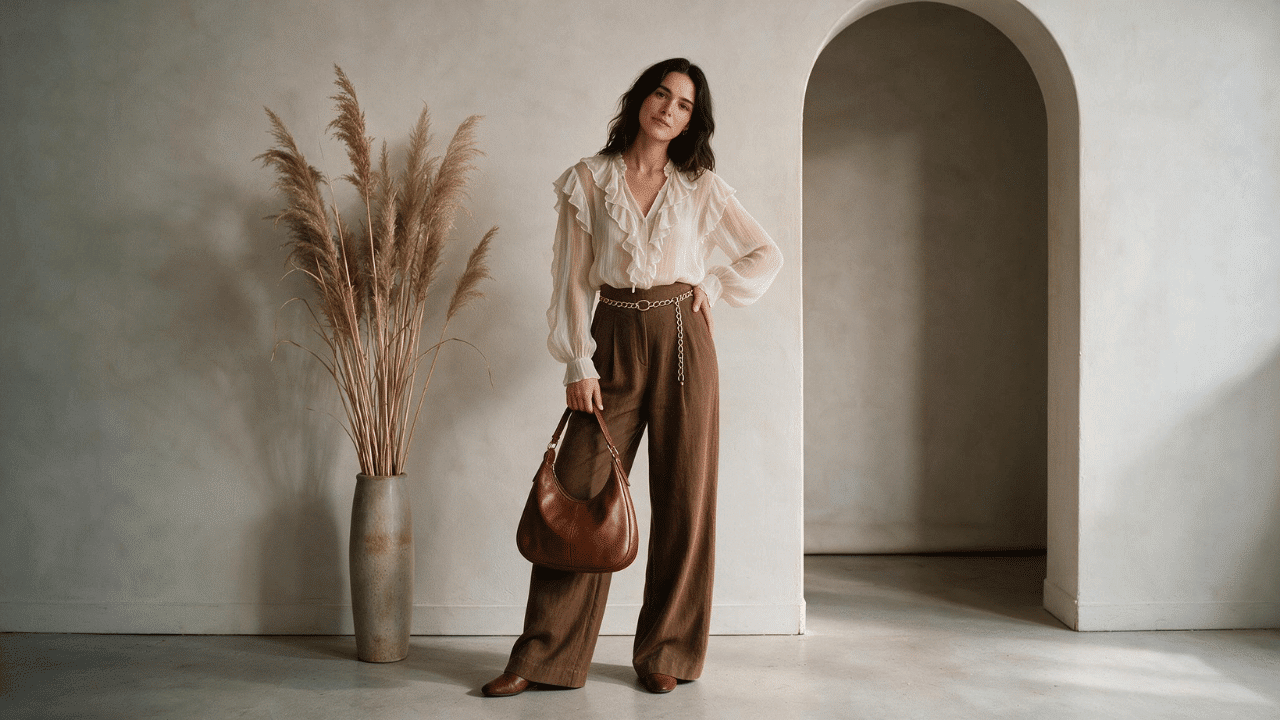 polished boho chic outfit with a ruffled white blouse, brown wide-leg trousers, chain belt, leather bag, and ankle boots