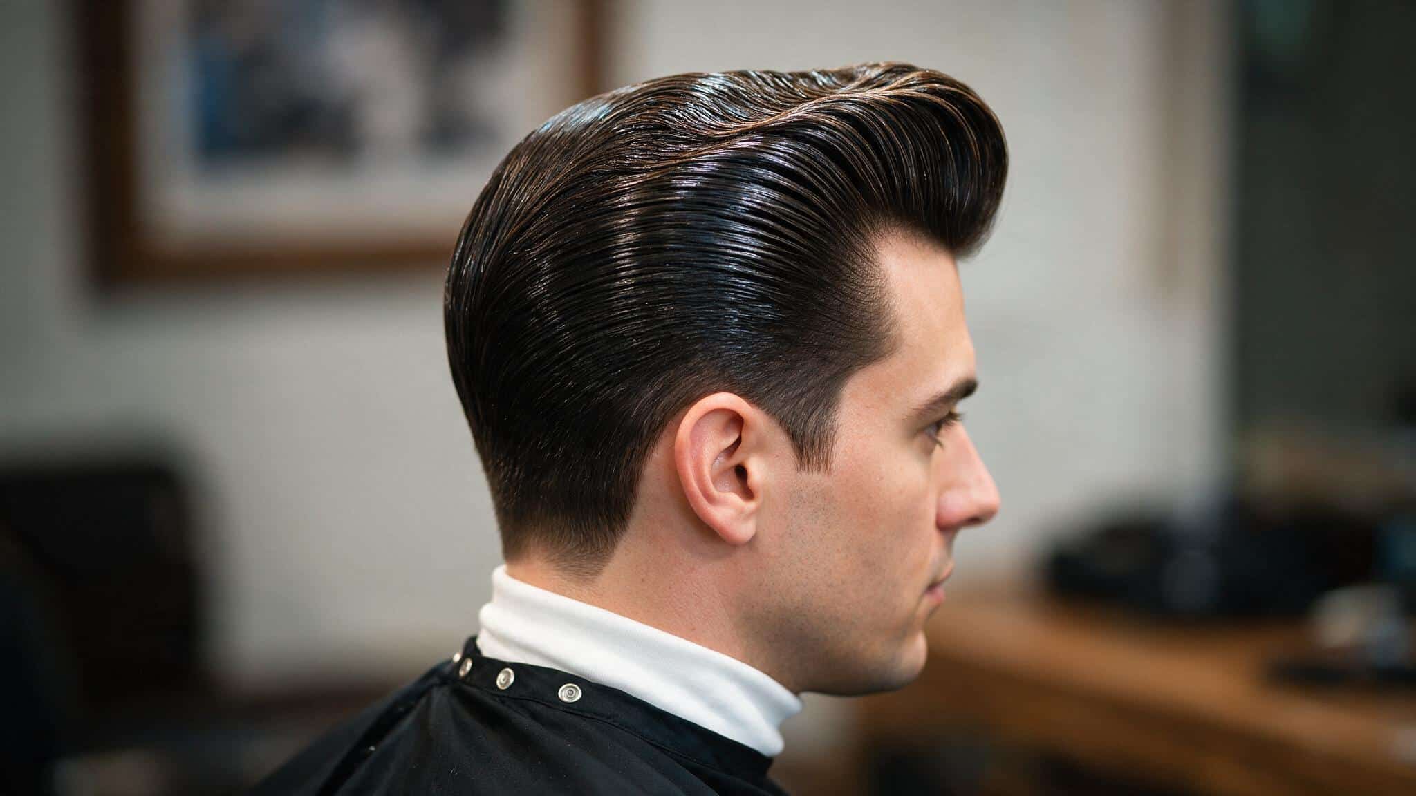 pompadour haircut with voluminous swept back dark hair and neatly tapered sides creating a polished hairstyle for men