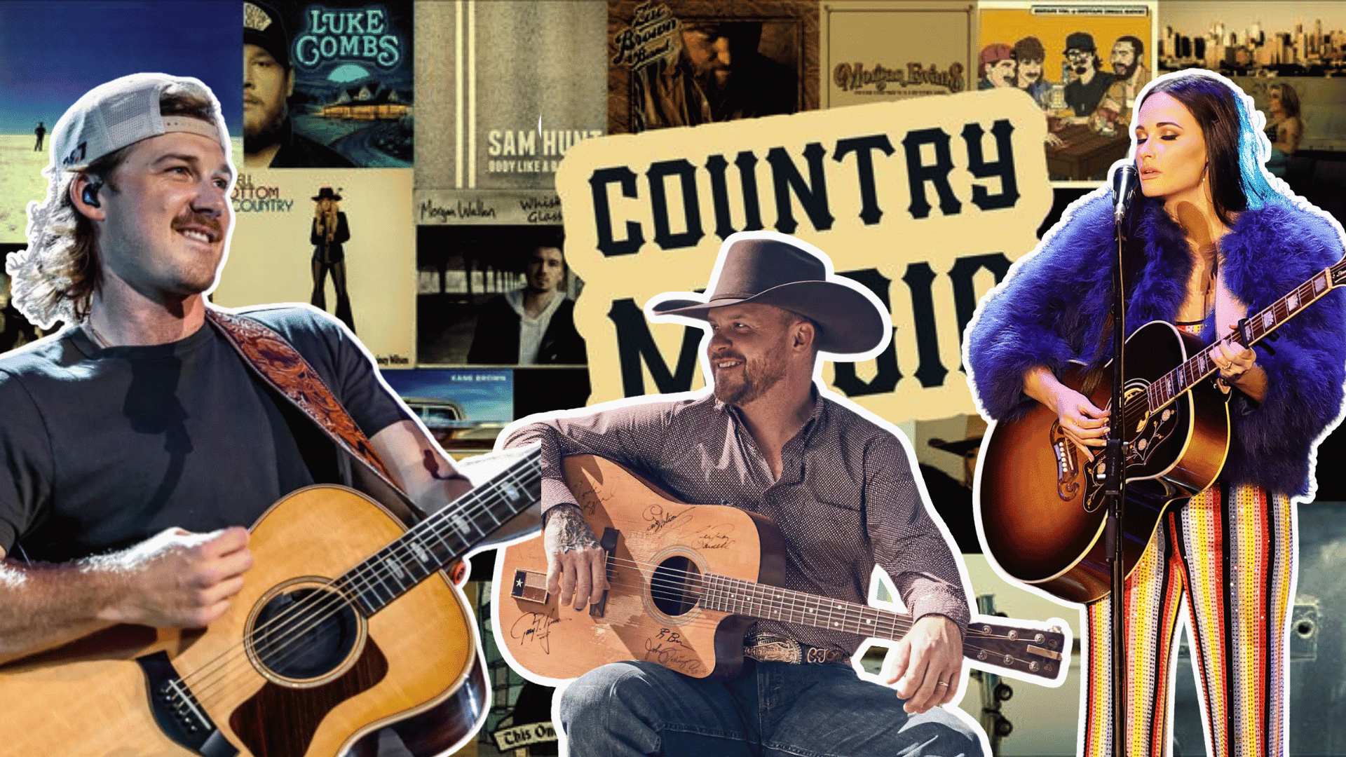 popular country music artists collage featuring singers with guitars and country themed backgrounds for music inspiration