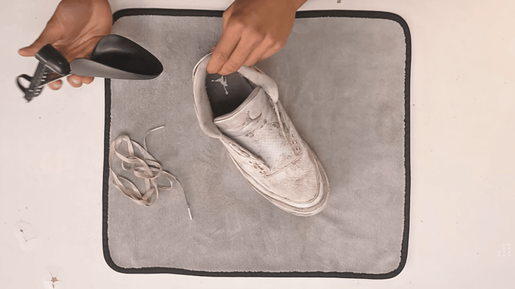 Prep the shoe before how to clean white shoes steps with tools ready for removing dirt from white footwear safely today.