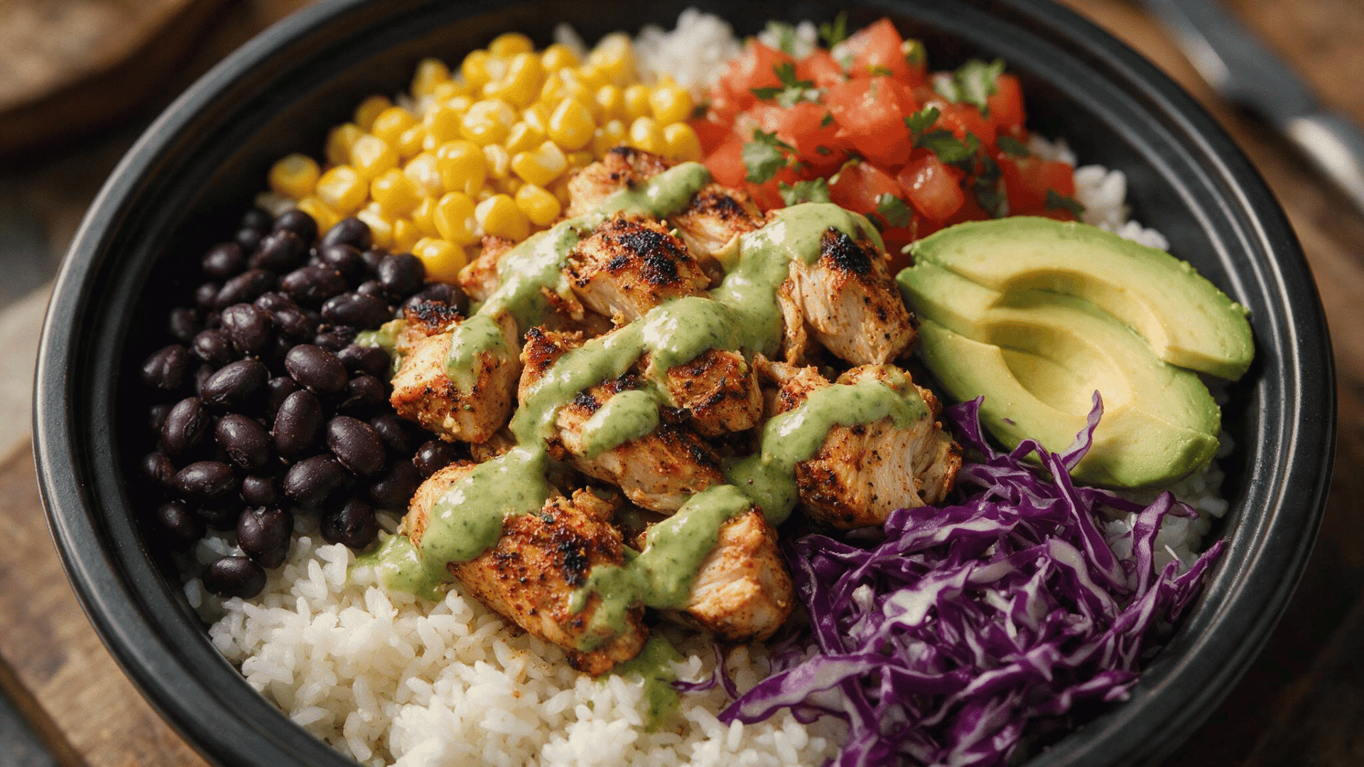 qdoba-style grilled chicken bowl with rice, black beans, corn, pico de gallo, avocado, red cabbage, and green sauce.