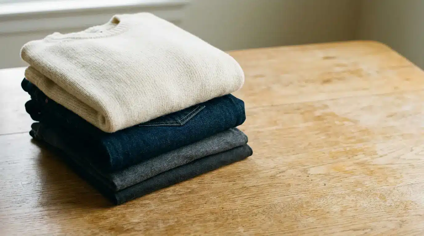 Folded beige sweater and jeans stacked on a wooden table in natural light