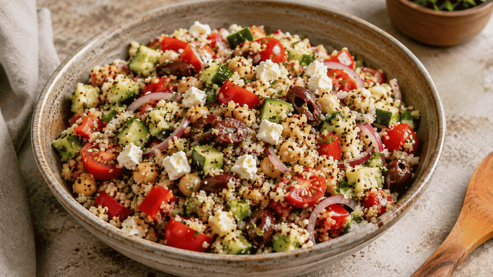 quinoa chickpea salad with cucumber tomatoes olives red onion and feta cheese tossed with fresh herbs