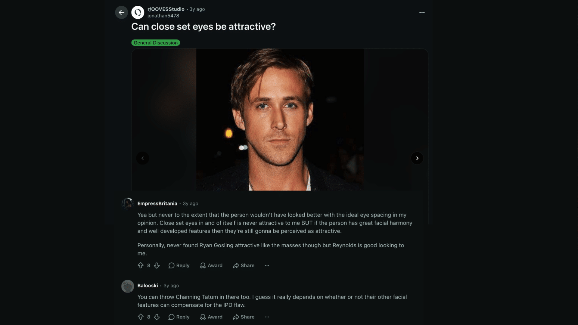 reddit discussion asking if close set eyes can be attractive with a portrait and comments discussing eye spacing and facial harmony