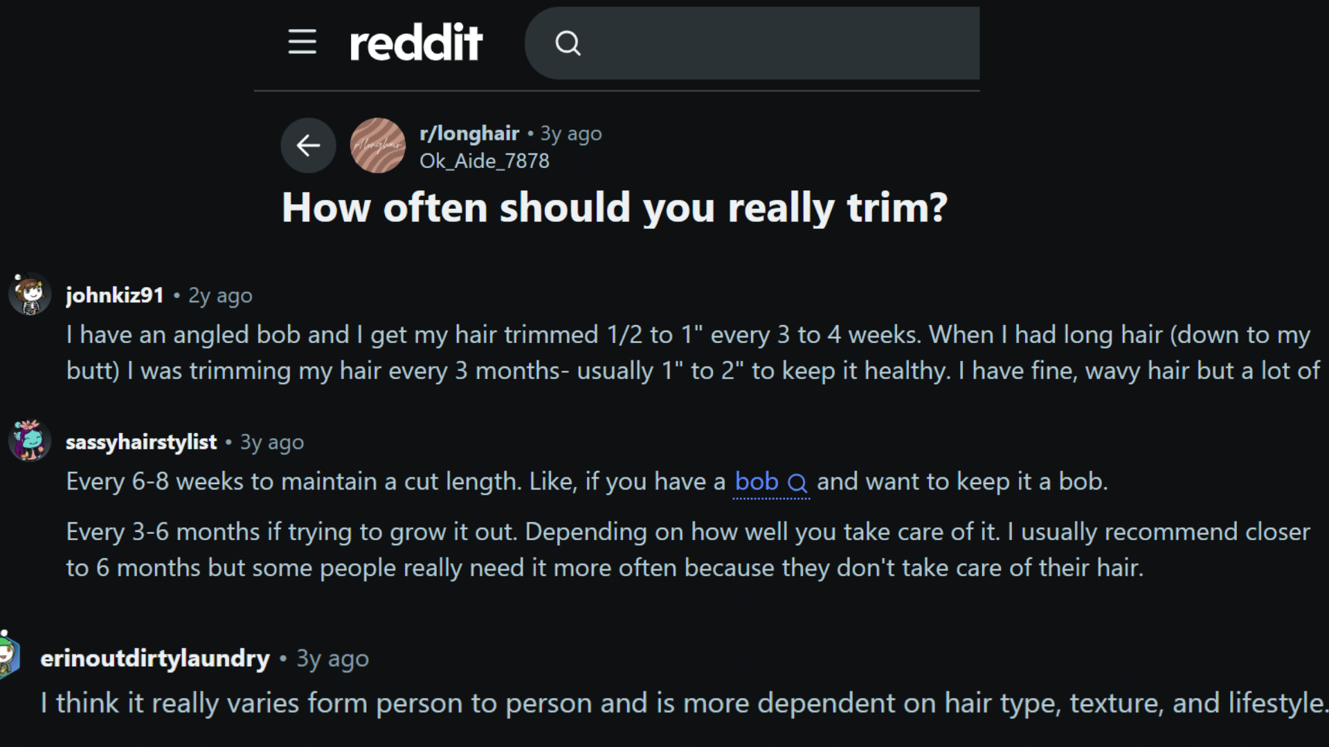 reddit discussion showing different hair trim schedules based on damage length goals texture and lifestyle