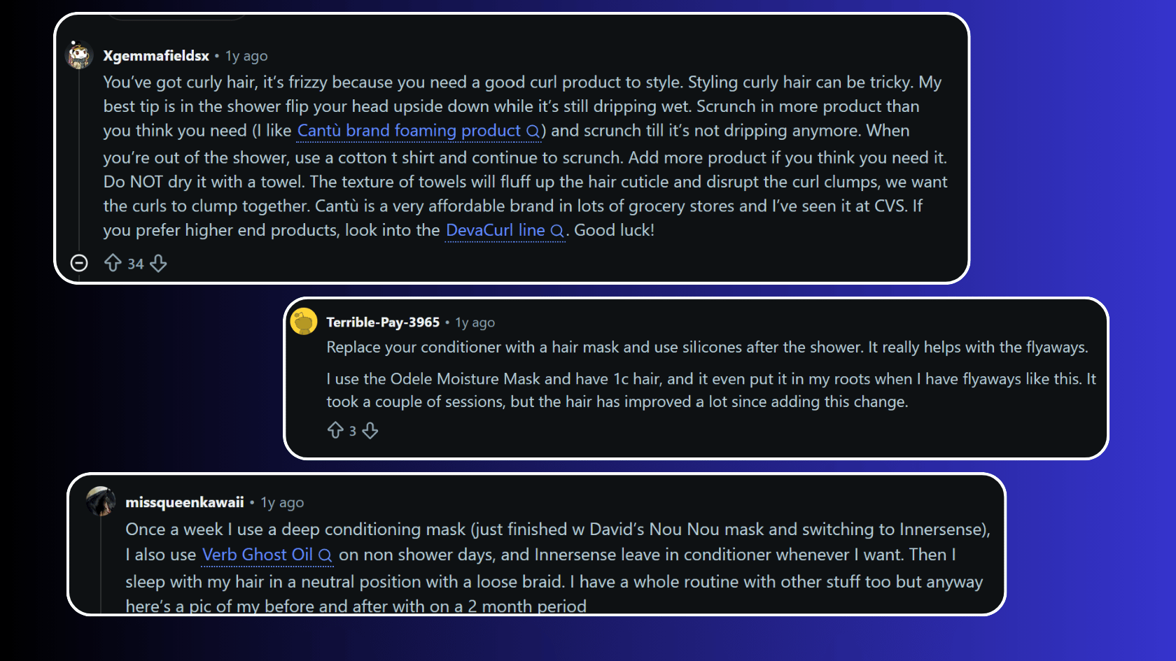 Reddit screenshots showing user comments about frizz control methods, hair masks, styling products, and hair care routines.