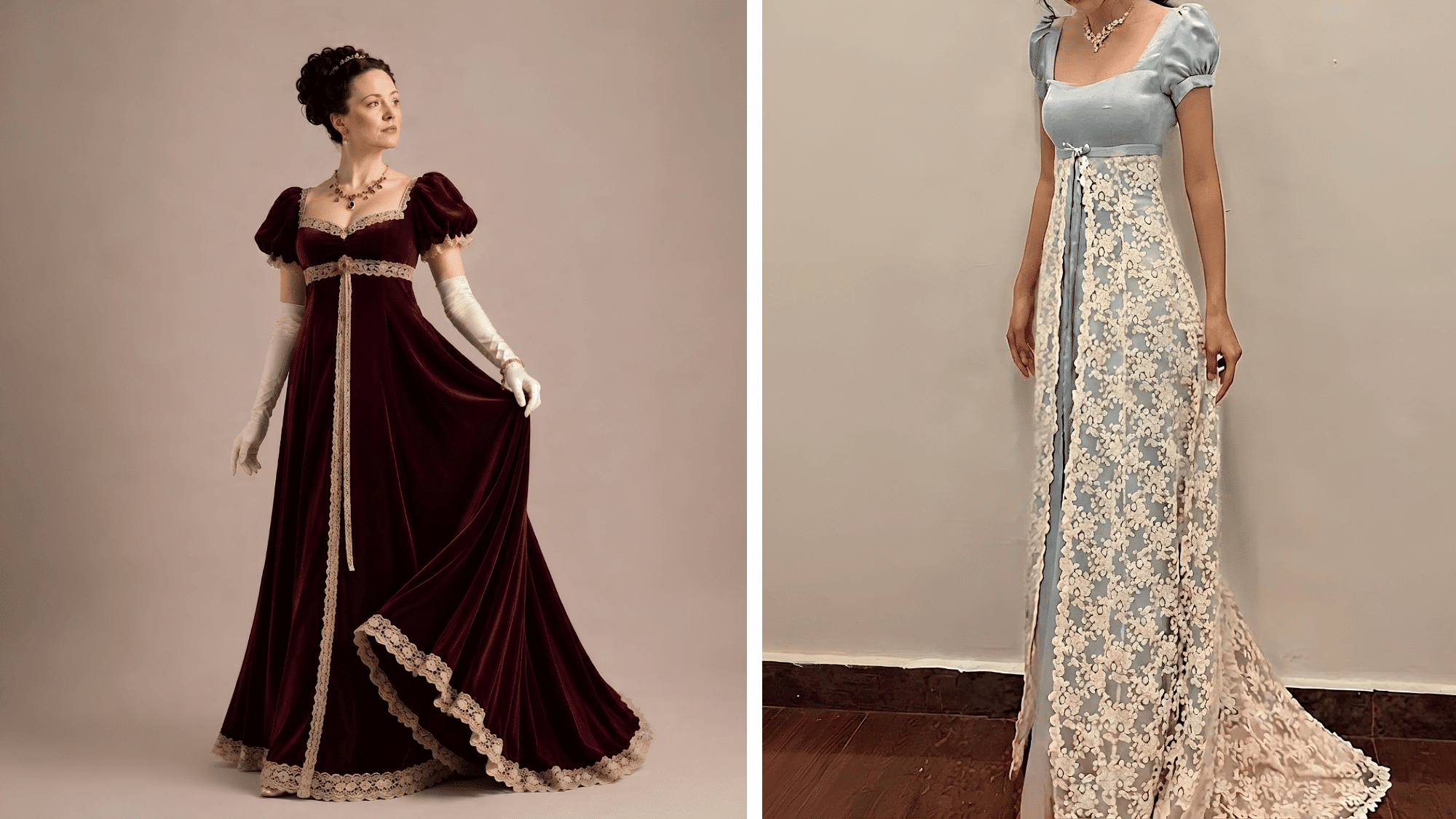 regency empire waist dresses featuring high waisted gowns flowing fabrics and elegant silhouettes from the early nineteenth century fashion era