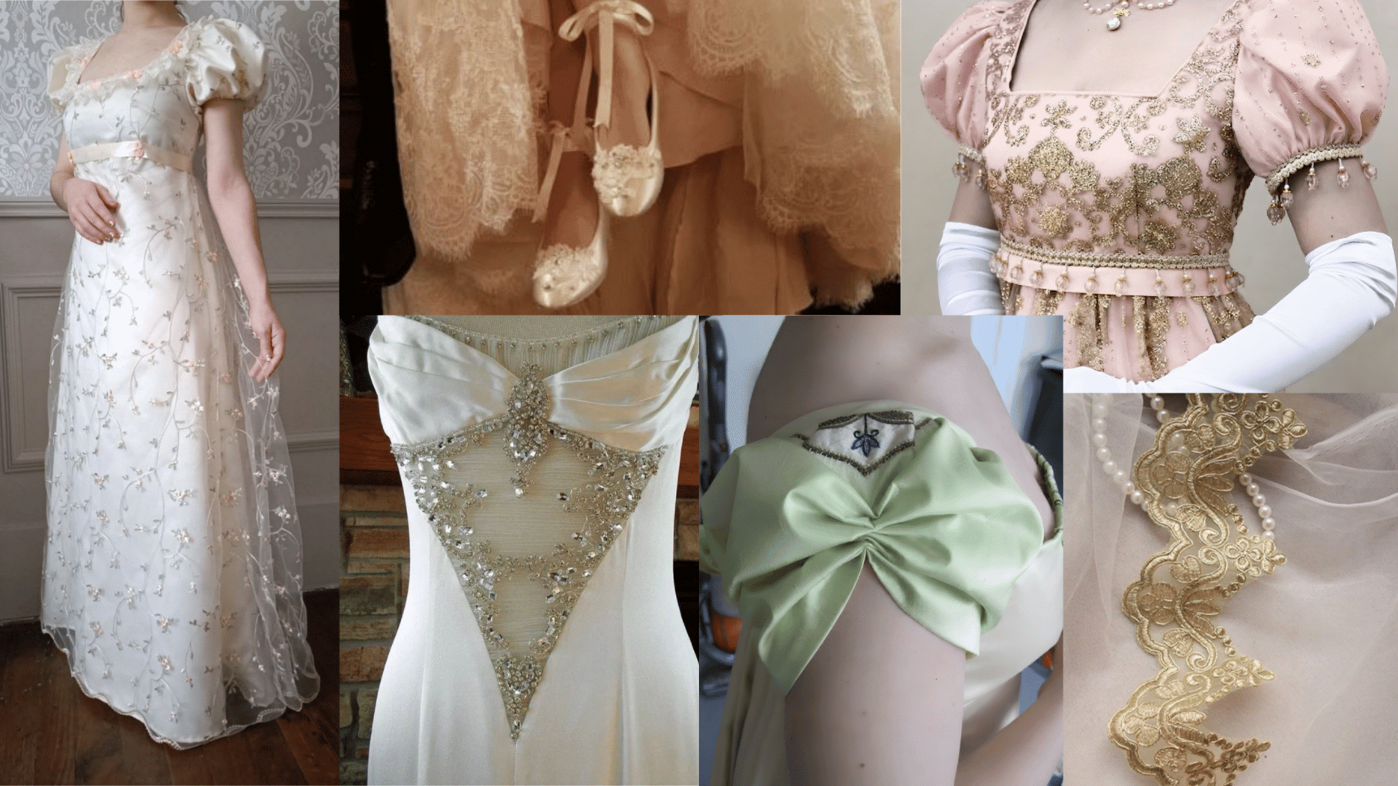 regency sleeves and decorative details featuring puffed sleeves lace trims embroidery and elegant fashion embellishments layered on gowns