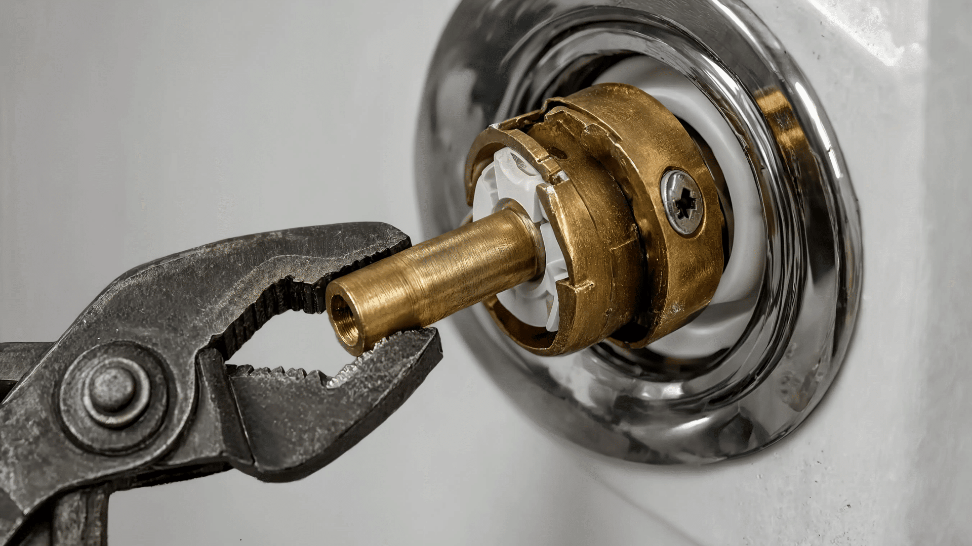 pliers gripping the shower valve stem while removing an old cartridge during a bathroom repair.