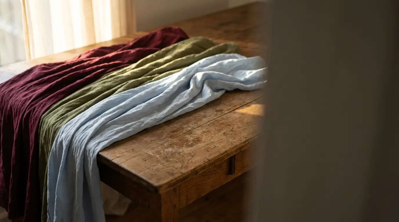 Colorful linen fabrics draped over rustic wooden table in warm natural light