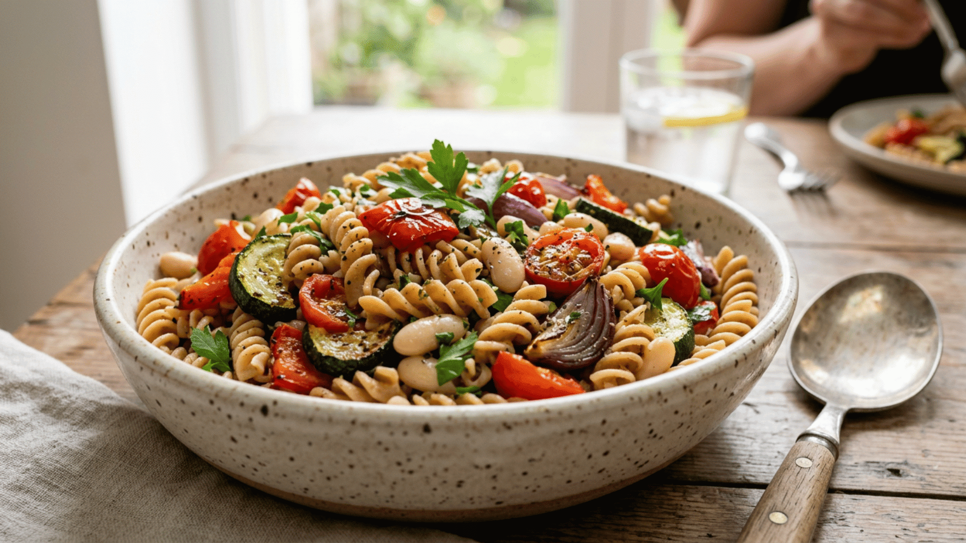 roasted vegetable and white bean pasta salad with herbs and vinaigrette in a serving bowl