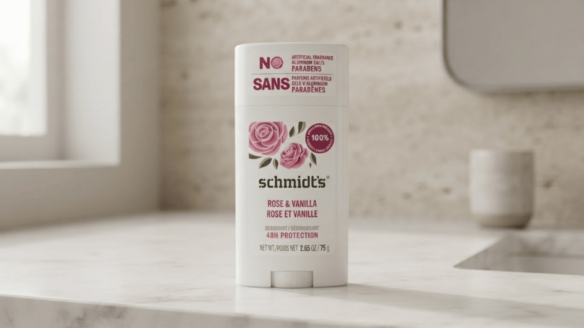 Rose vanilla deodorant container placed on a bathroom counter for best natural deodorants