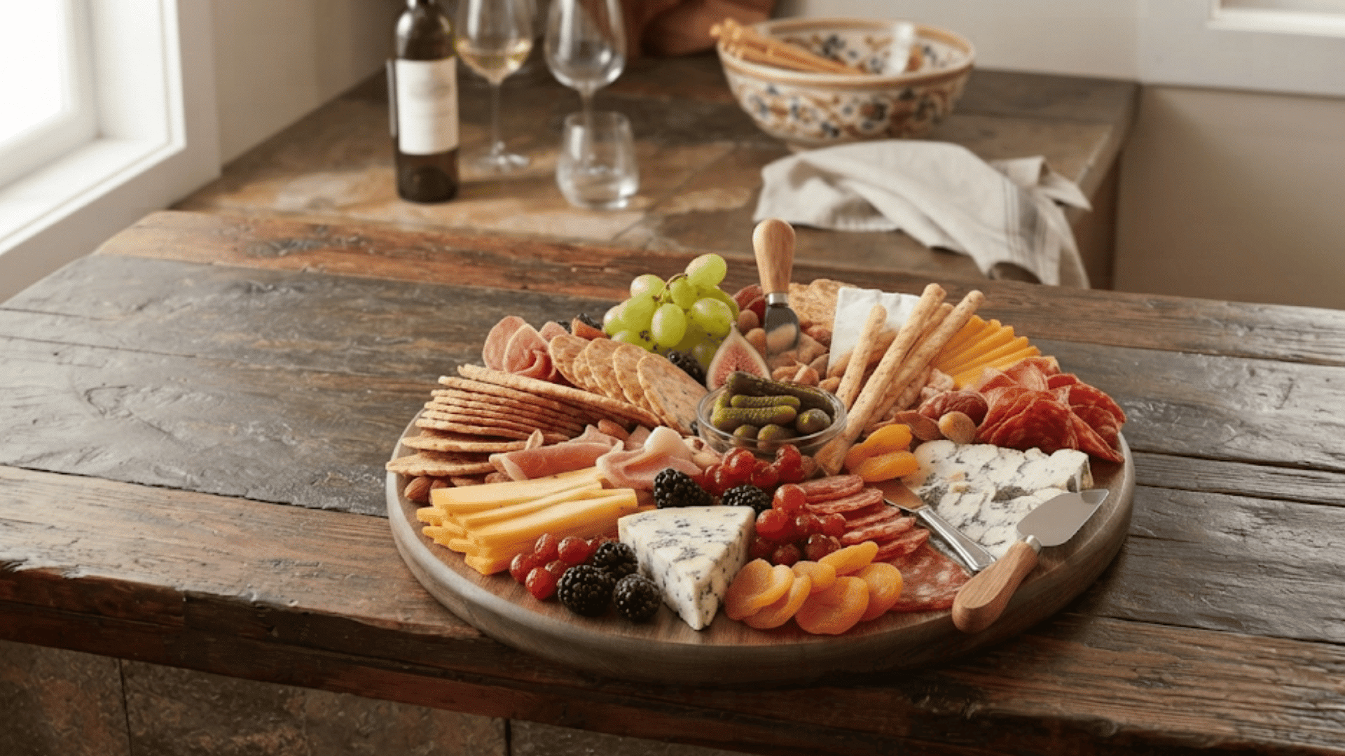 round charcuterie board with cheese meats crackers fruit pickles and dried apricots on a rustic wooden table