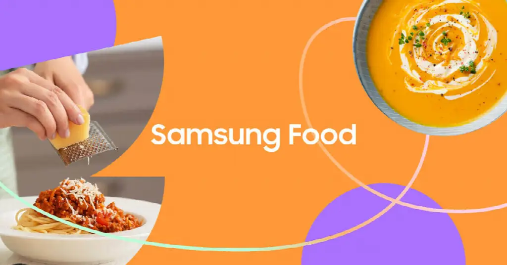 Hands grating cheese over spaghetti in split-screen with pumpkin soup on vibrant orange background