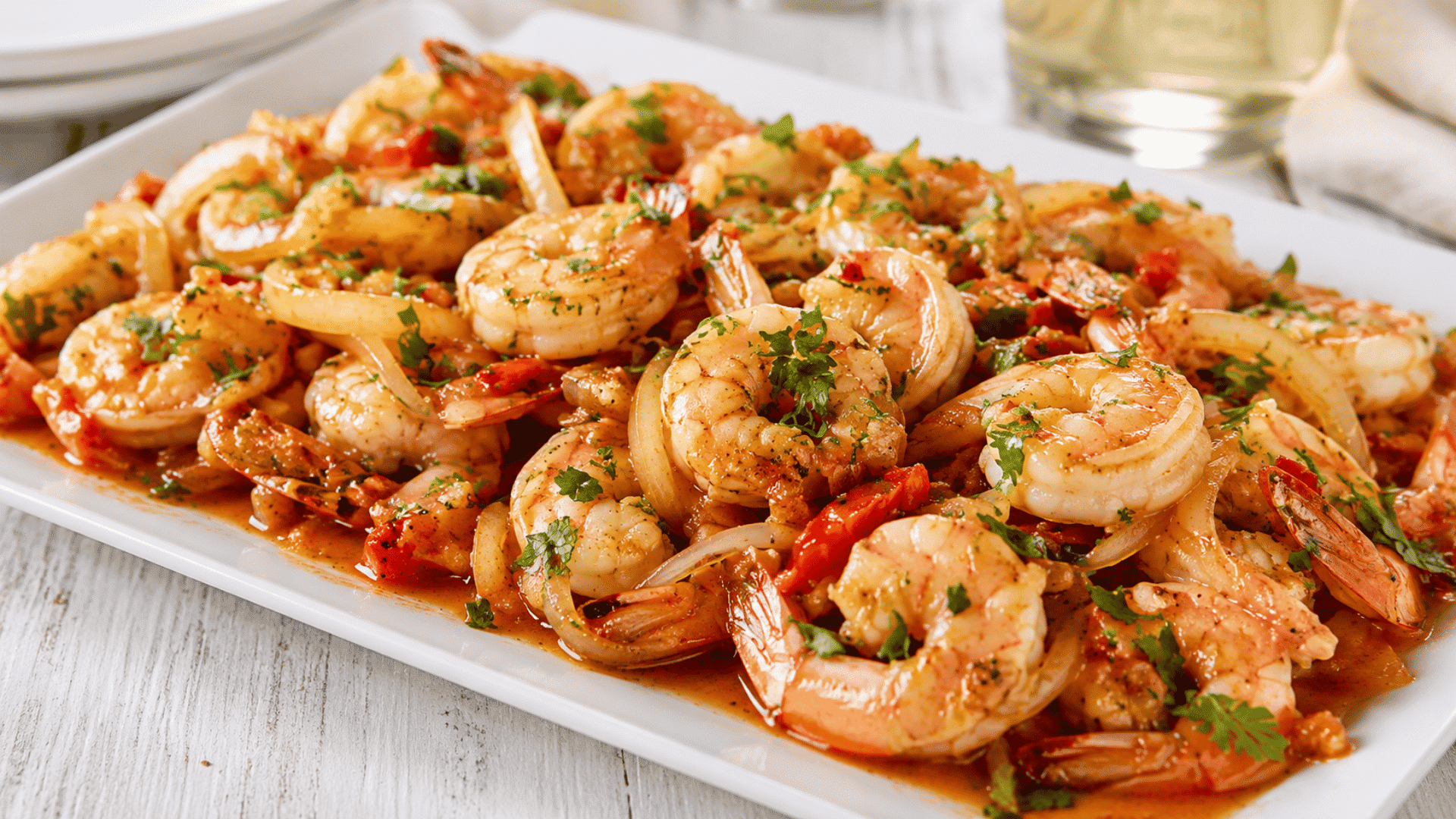 sautéed shrimp with onions red peppers fresh herbs and a glossy garlic tomato sauce on a white platter