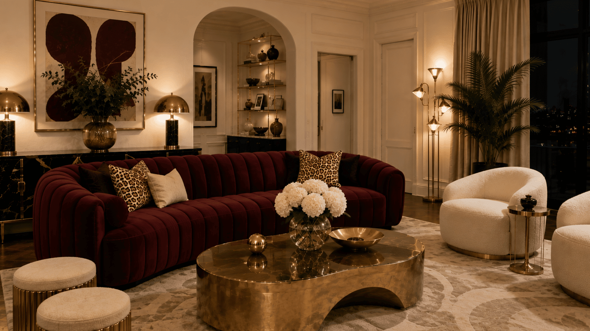 sculptural furniture with curved seating a burgundy velvet sofa and a bold gold coffee table in an elegant living room