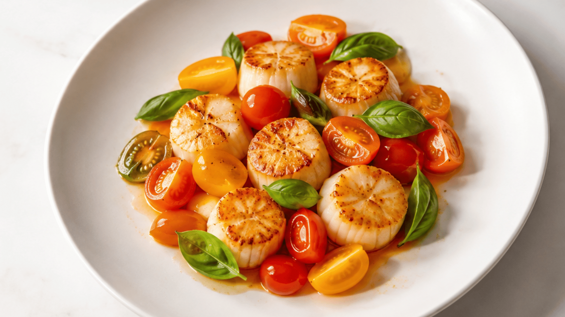 seared scallops with colorful cherry tomatoes fresh basil and a light sauce on a white plate