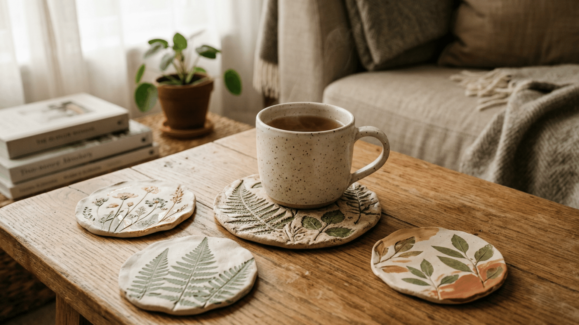 set of handmade clay coasters with textured patterns placed under ceramic cups