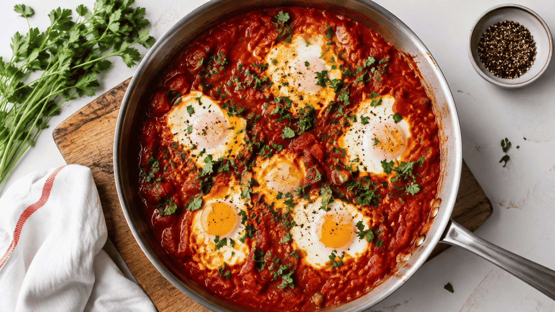 shakshuka with eggs in rich tomato sauce topped with fresh herbs and black pepper in a skillet