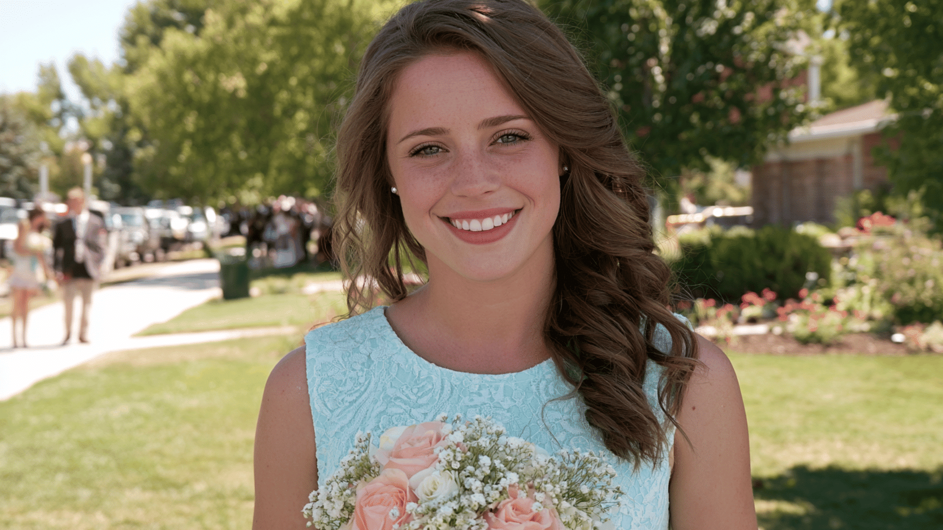 side swept curls hairstyle flowing over one shoulder for elegant bridesmaid look
