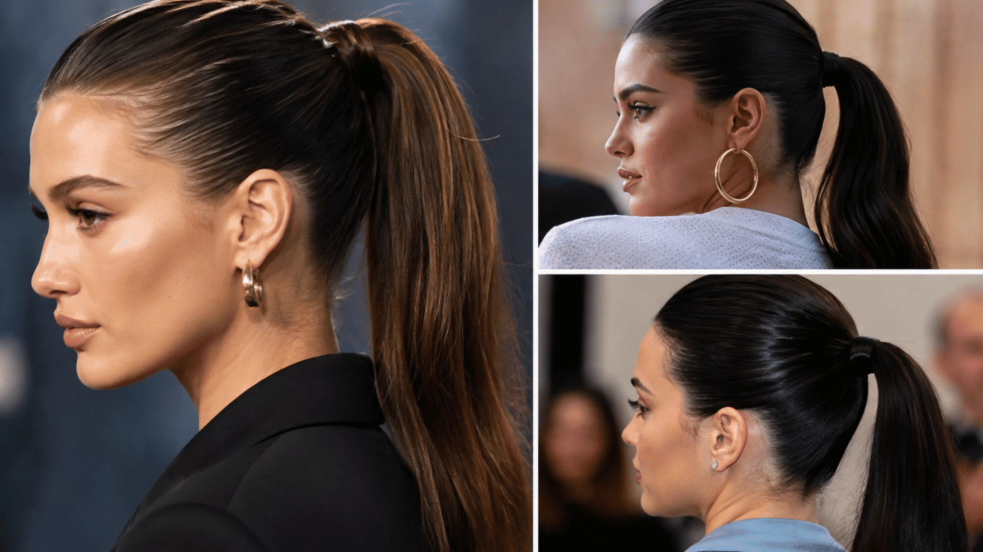 sleek high ponytail hairstyle shown from multiple angles with smooth pulled back hair and polished finish