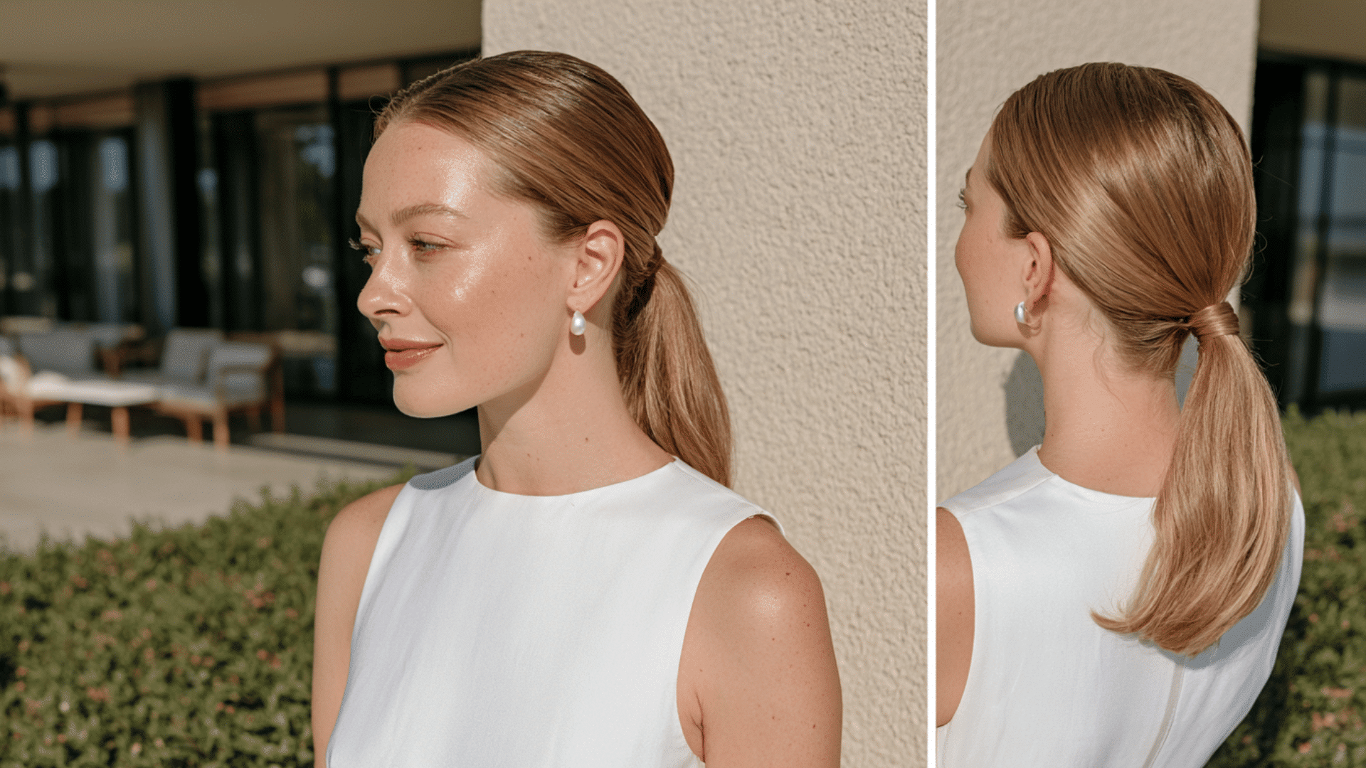 sleek ponytail hairstyle with smooth finish for modern bridesmaid wedding look