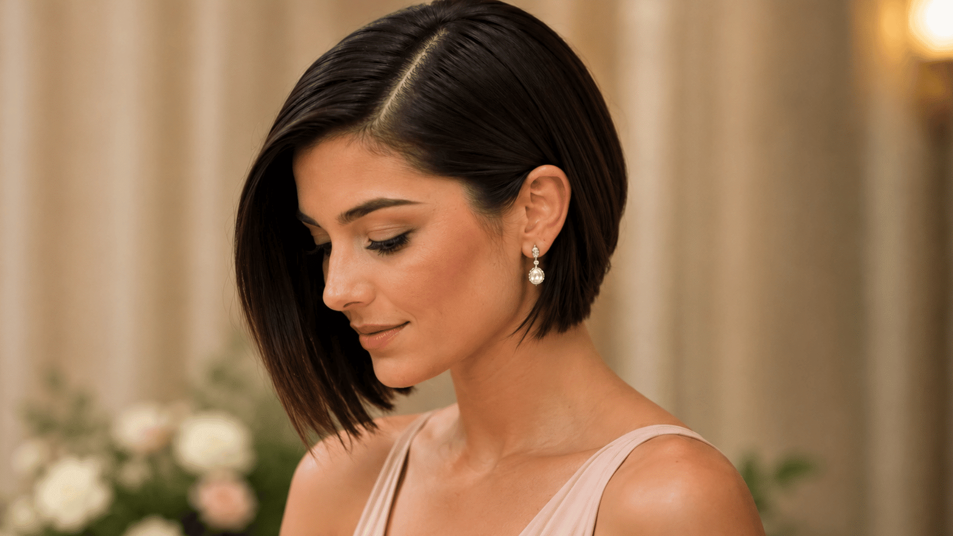 sleek side parted bob hairstyle creating a polished modern bridesmaid appearance