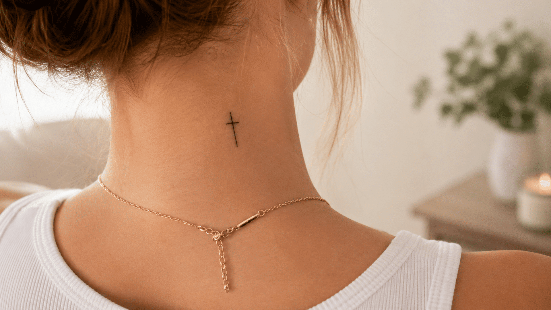 small black cross tattoo on the back of a woman’s neck with a gold necklace and white top.
