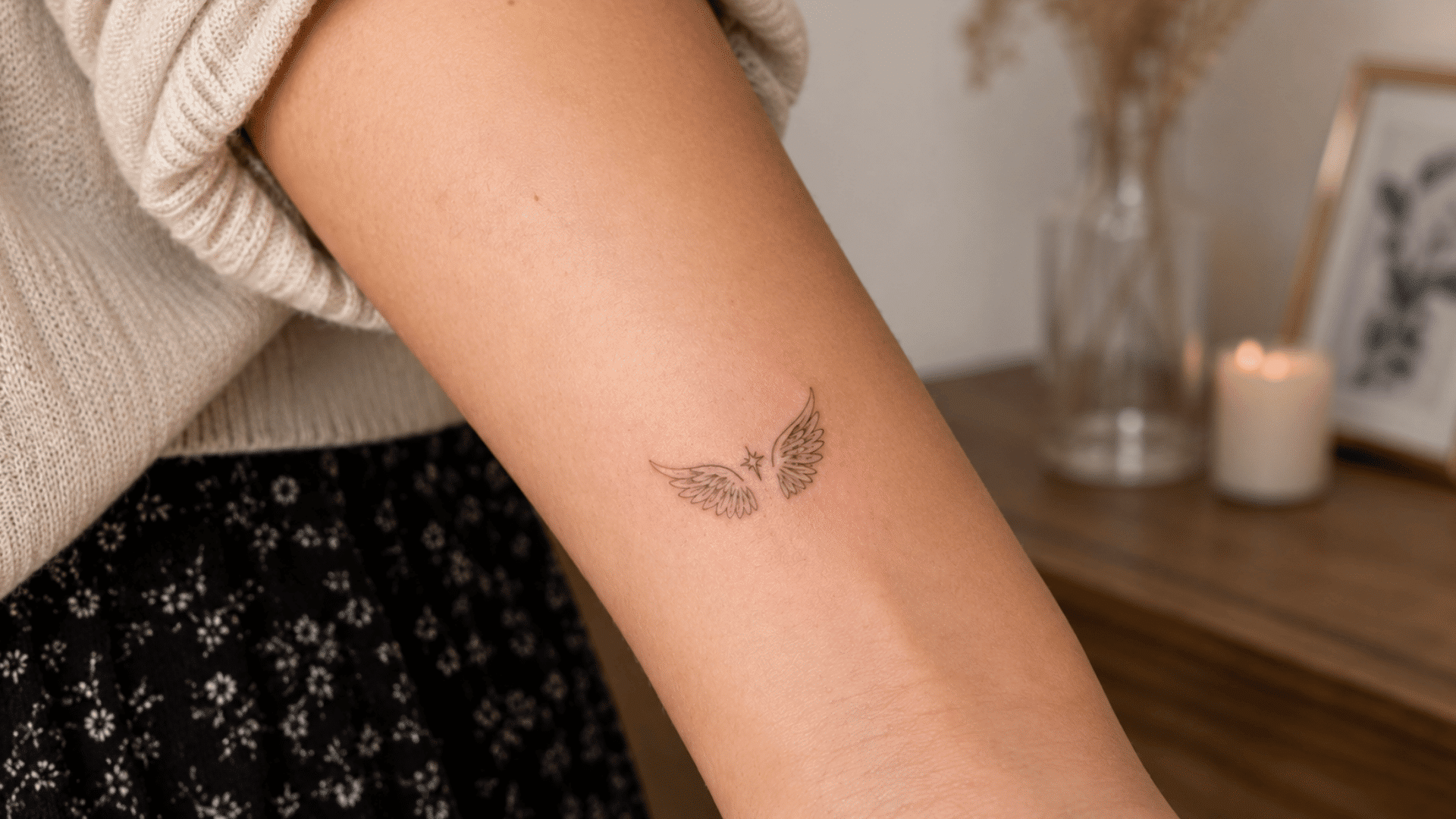 small fine-line angel wings tattoo with a star on the inner forearm.
